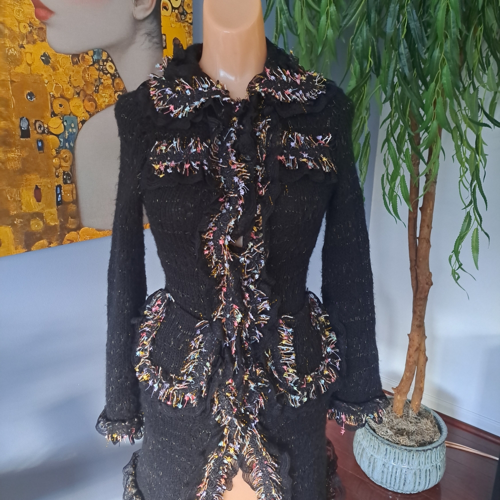 So Chanel Hazel For Anthropologie Black Multicolor Fringe Sweater Coat Dress.